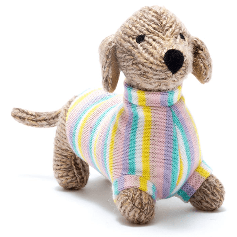 Knitted Sausage Dog Plush Toy with Pastel Jumper